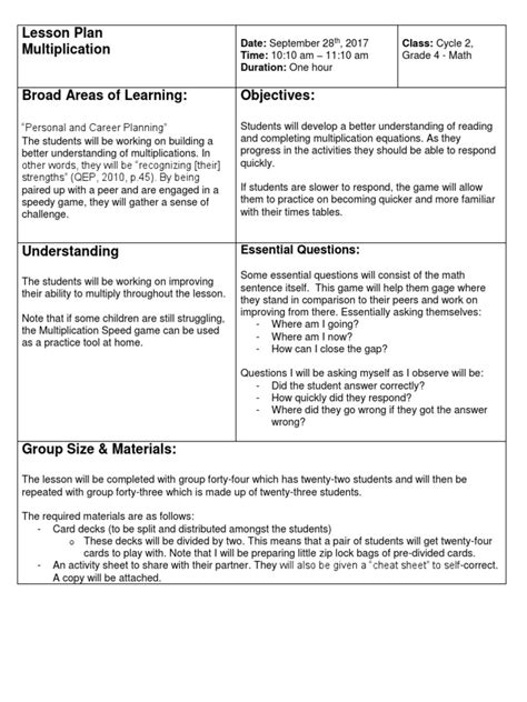 Lesson Plan Multiplication Essential Questions Pdf Competence