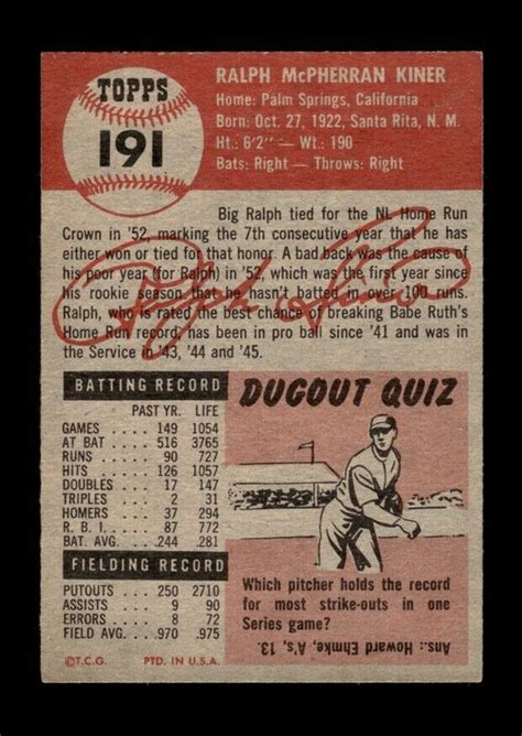 1953 Topps Set Break 191 Ralph Kiner EX EXMINT GMCARDS EBay