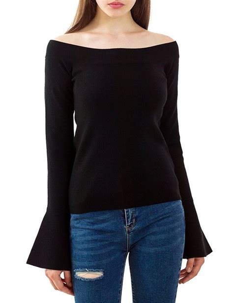 Women Off The Shoulder Sweater Bell Trumpet Sleeve Sweater For Women