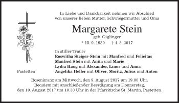 Traueranzeigen Von Margarete Stein Trauer Merkur De