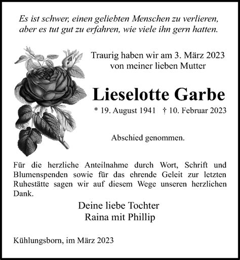 Traueranzeigen Von Lieselotte Garbe Trauer Anzeigen De