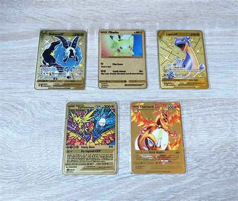 5 Pokemon Card Metal Shiny Gold English Charizard Pikachu - Etsy