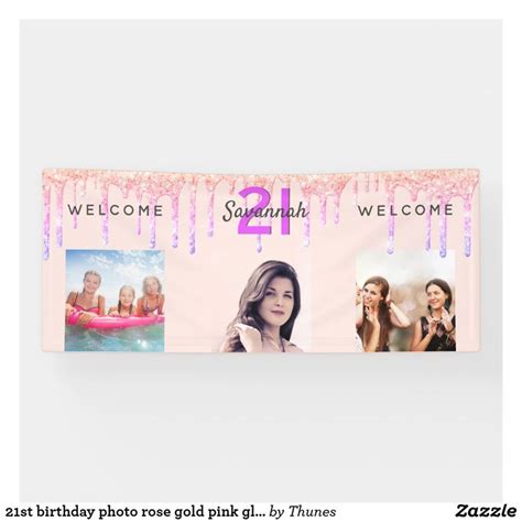 21st birthday photo rose gold pink glitter ma,e banner | Glitter banner ...