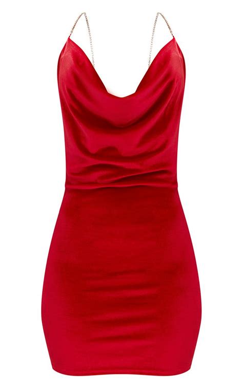 Red Velvet Cowl Neck Diamante Strap Bodycon Dress Prettylittlething Usa