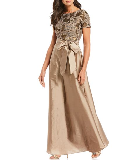 Pisarro Nights Sequined Bodice Sleeve Tie Waist Satin Ball Gown