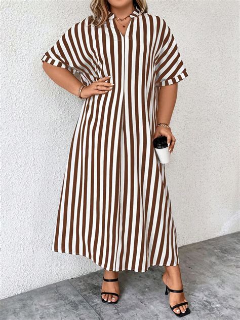 SHEIN LUNE Plus Striped Print Batwing Sleeve Dress SHEIN USA