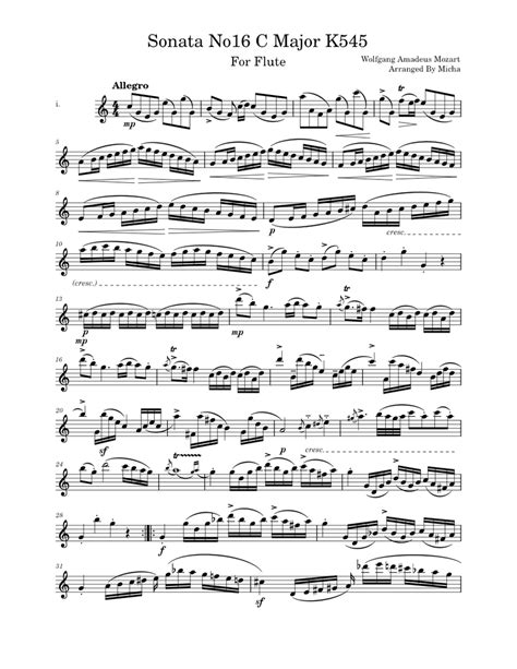 Sonata No 16 In C K545 By Wa Mozart For Flute Sheet Music For Flute