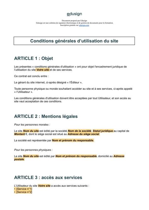 CGU Modèle gratuit en format Word PDF Edusign