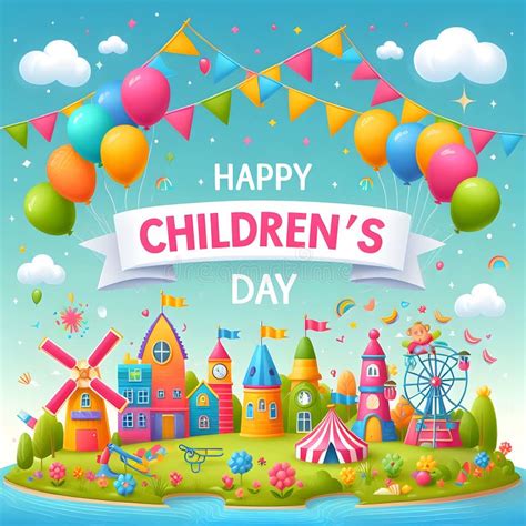 A Colorful Children S Day Greeting Card With Balloons And Flags Stock