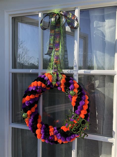 Halloween Pom Poms Trick Or Treat Fall Wreath Halloween Wreath