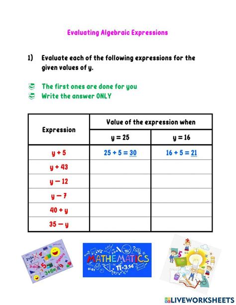 Evaluating Algebraic Expressions | Interactive Worksheet ...