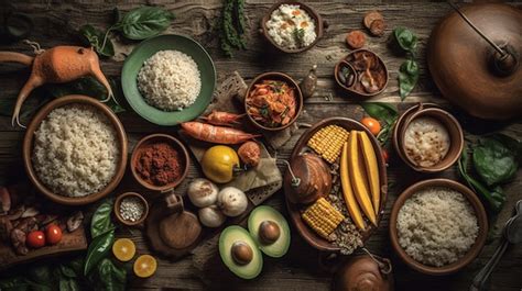 Premium Ai Image A Table Full Of Food Including Rice Beans And Other Foods