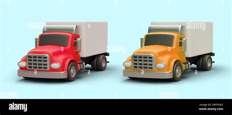 Realistic Yellow And Red Truck On Blue Background Automobiles For