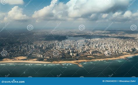 Skyline at a Low View of a Gaza City and the Sea from an Airplane. Surrounded by the Sea Stock ...