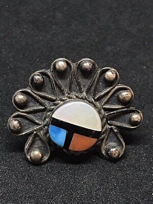 Vintage Zuni Sterling Silver Sun Face Turquoise Coral Mop Ring Size