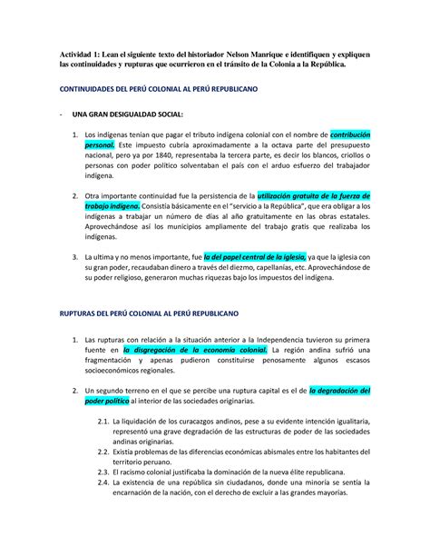 Tarea 1 Las Continuidades Y Rupturas Que Ocurrieron En El Tránsito De La Colonia A La