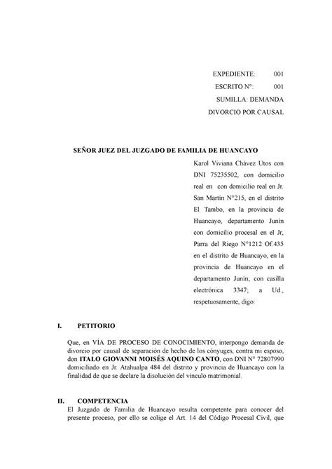 Dem Divorcio Por Causal Docx Expediente 001 Escrito N° 001 Sumilla