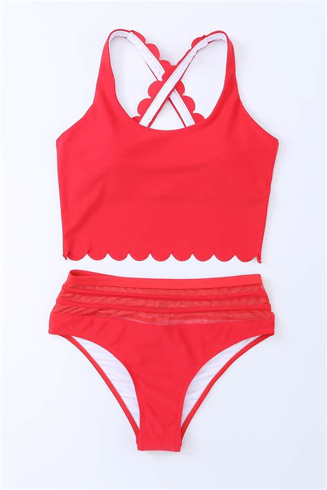 8 85 Fiery Red Scalloped Criss Cross High Waist Bikini Ds Dear