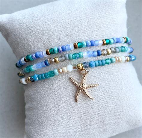 Zeester Armband Blauw Beige Goud Boho Kralenarmband Etsy Nederland