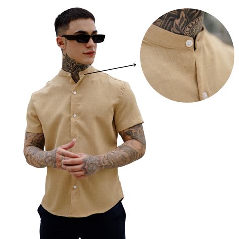 Camisa Gola Padre Masculina Slim Fit Manga Curta Algodão Escorrega o