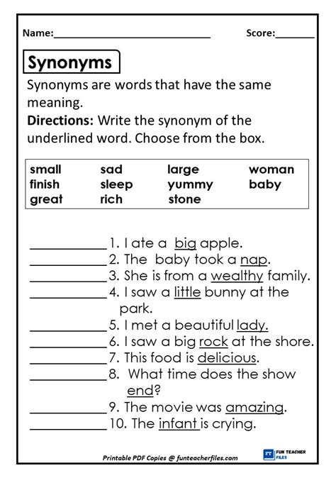 Synonyms Worksheet 2 - Fun Teacher Files