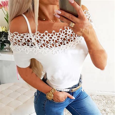 Summer Tops For Women 2022 Trendy Sexy One Shoulder Lace Hollow