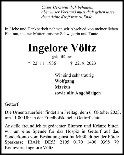 Traueranzeigen von Ingelore Völtz trauer anzeigen de