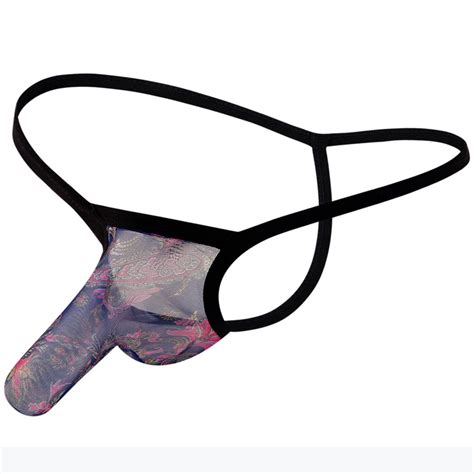 GHSOHS Mens Underwear Transparent Mesh Lace Floral Printed String Bikini Low Rise Briefs Ultra