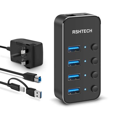 RSHTECH 4 Port Powered USB 3 0 USB C Hub Aluminum USB Splitter USB 3