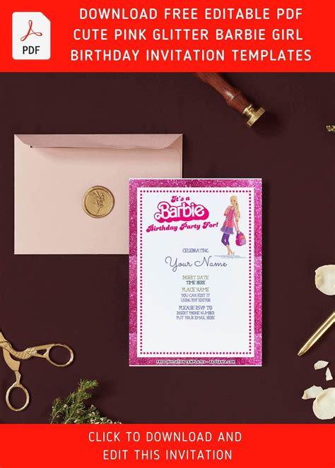 Free Editable Pdf Cute Glitter Pink Barbie Girls Birthday Invitation