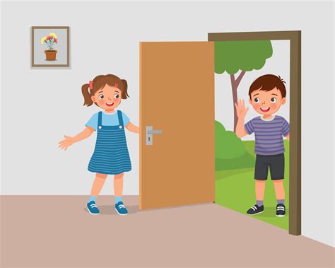 Cute Little Girl Open The Door For Boy Friend Welcoming Guest 18857555