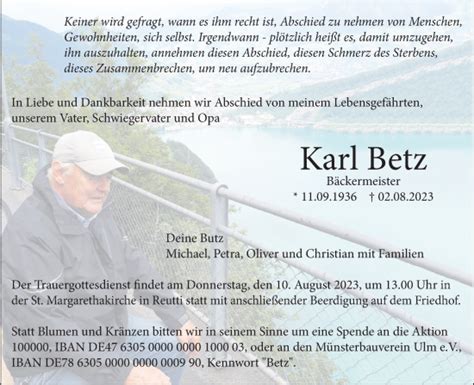 Traueranzeigen von Karl Betz Südwest Presse Trauer