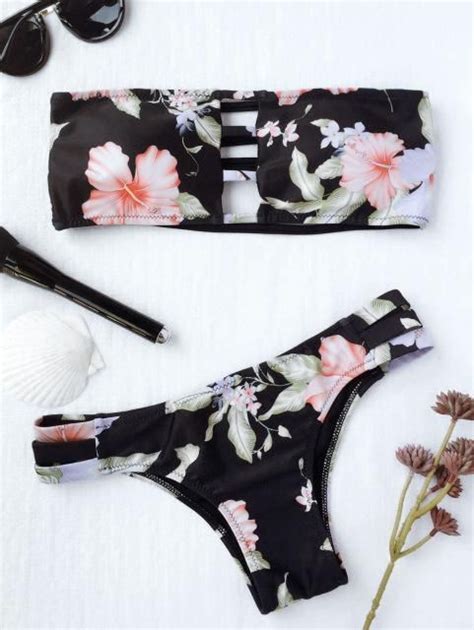 Black Floral Strapless Tube Bikini Set con imágenes Trajes de baño