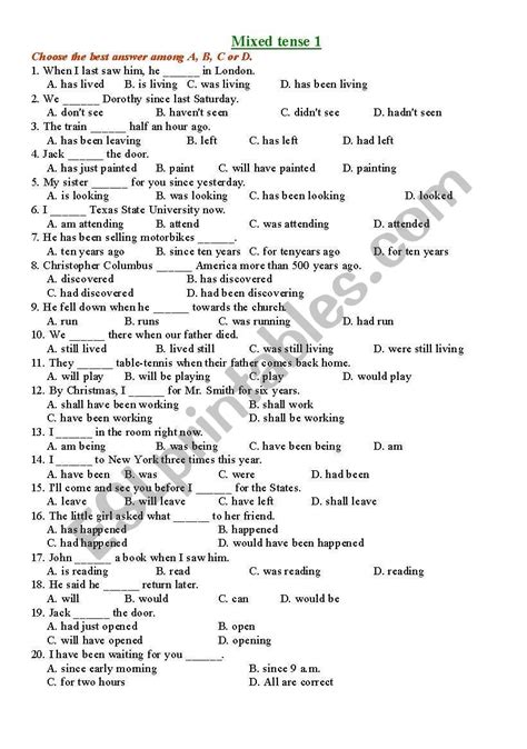 Mixed Tenses Multiple Choice English Esl Worksheets For Distance