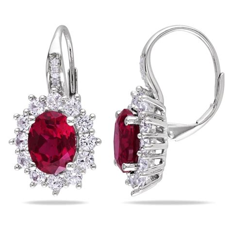 Oval Lab-Created Ruby, White Sapphire and Diamond Accent Frame Drop Earrings in Sterling Silver ...