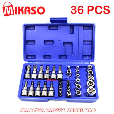 MIKASO 34 Pcs E Torx Bit Drive Set 1 4 3 8 E4 E24 E Torx Star Female