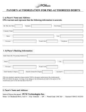 Fillable Online Payor S Authorization For Pre Authorized Debits Fax