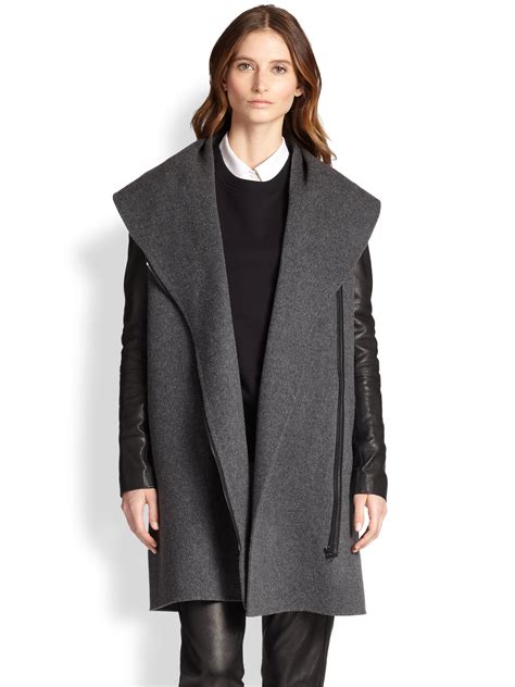 Vince Leather Sleeved Shawl Collar Coat In Gray Lyst