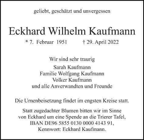 Traueranzeigen Von Eckhard Wilhelm Kaufmann Rz Trauer De