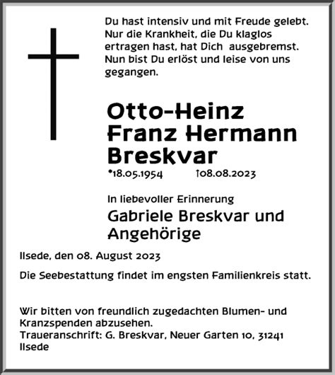 Traueranzeigen Von Otto Heinz Franz Hermann Breskvar Trauer Anzeigen De