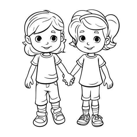 Two Kids Holding Hands Coloring Page Outline Sketch Drawing Vector, Wing Drawing, Ring Drawing ...