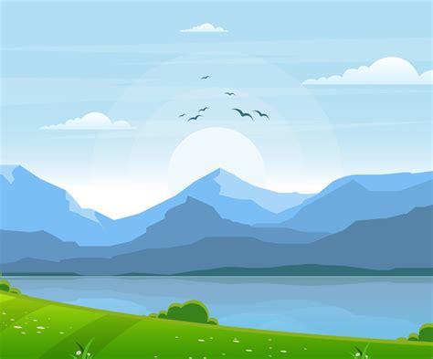 Summer Lake Green Nature Field Land Sky Landscape Illustration