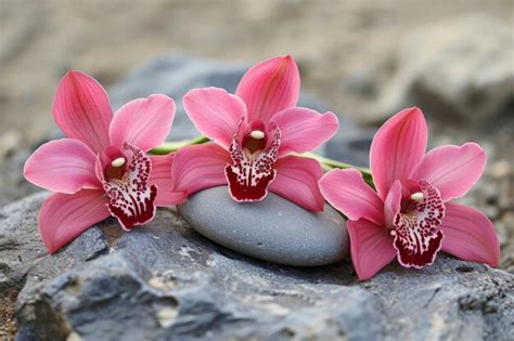 Premium Photo Orchids Three Pink Orchids And A Pebble Laying In Harmony