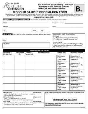 Fillable Online Soiltesting Tamu BIOSOLID SAMPLE INFORMATION FORM