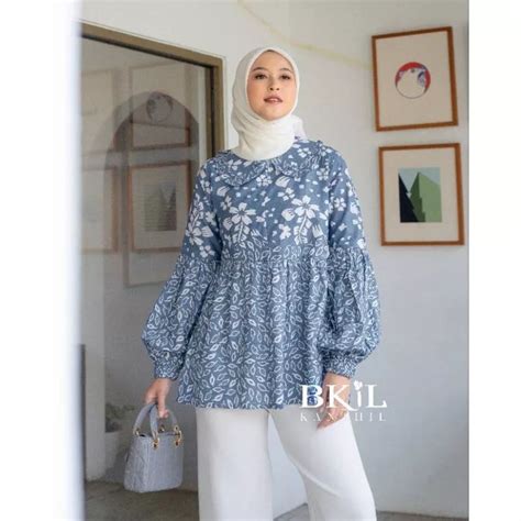 Jual Atasan Wanita Blouse Batik Kerja Modern Lengan Balon Kerah Kolar