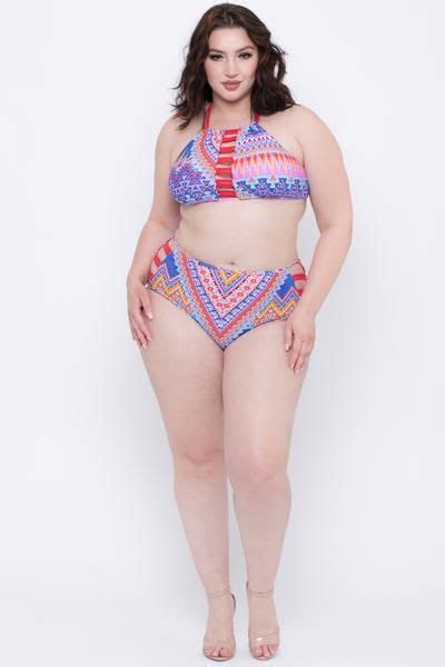 This Plus Size 2 Piece Bikini Set Features A Tribal Print Side Caged Paneling Underwire And