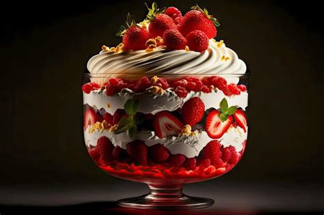 Trifle de fresas con frutos pequeños en crema de gelatina y nata