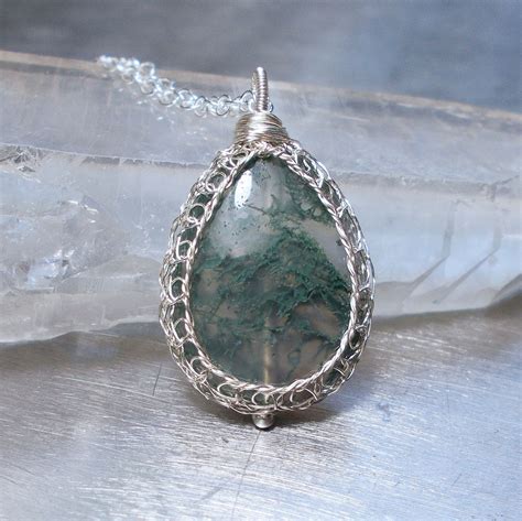 Green Moss Agate Necklace Sterling Silver Wire Crochet Pendant