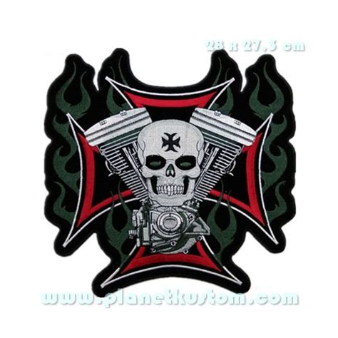 Patch Ecusson Skull Vtwin Biker Tete De Mort Flaming Iron Cross Grand