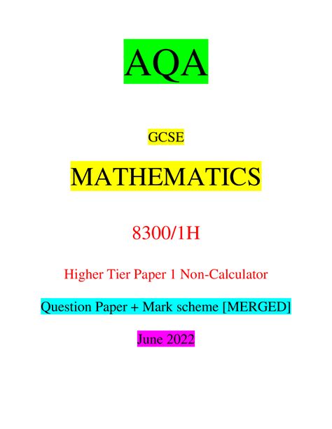 Aqa Gcse Mathematics H Higher Tier Paper Non Calculator